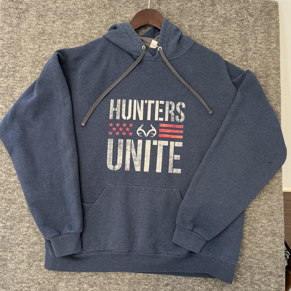 Blue Pullover Hoodie Hunters Unite Mens Sweatshirt  XL Hunting Deer‎ Skull Flag